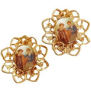 VTG Mid Century Gold Tone Filigree Clip On Earrings Transfer Art Print Glass 60s